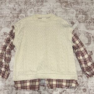 Maurices Ivory Cable Knit Sweater with Plaid Accents
